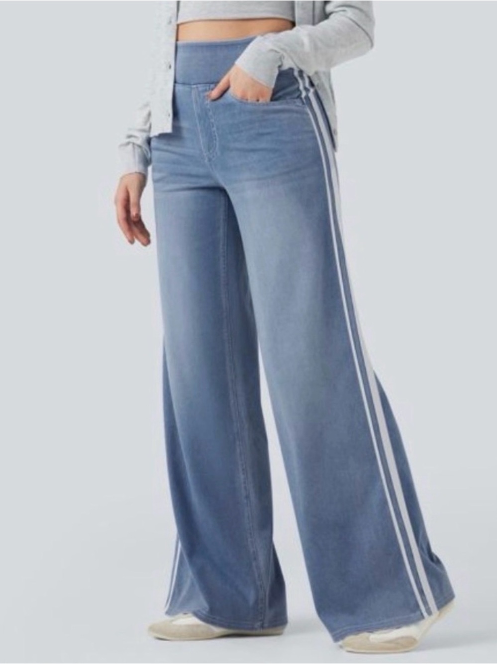 Halara Flex High Waisted Stripe Wide Leg Flowy Washed Casual Jeans with Pockets